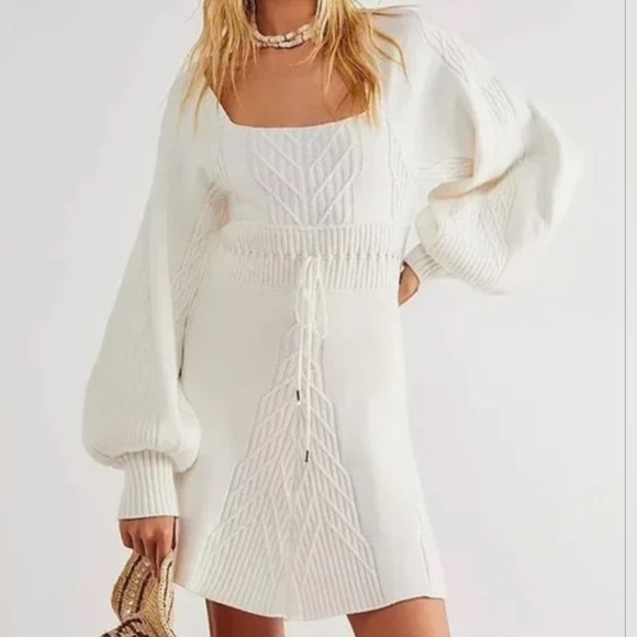 Free People White Emmaline Cable Knit Mini Sweater Dress w/Back Cut-Out Size XL - Picture 4 of 14